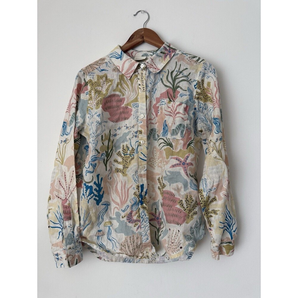 Sundance Women’s Medium 100% Linen Button Down Shirt Coastal Sea Life Print